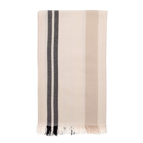 Image of a folded hammam towel with wide beige and black stripes on a cream background.