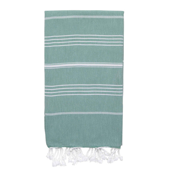 Aqua green hammam towel with fine white stripes and white knotted fringing at both ends.