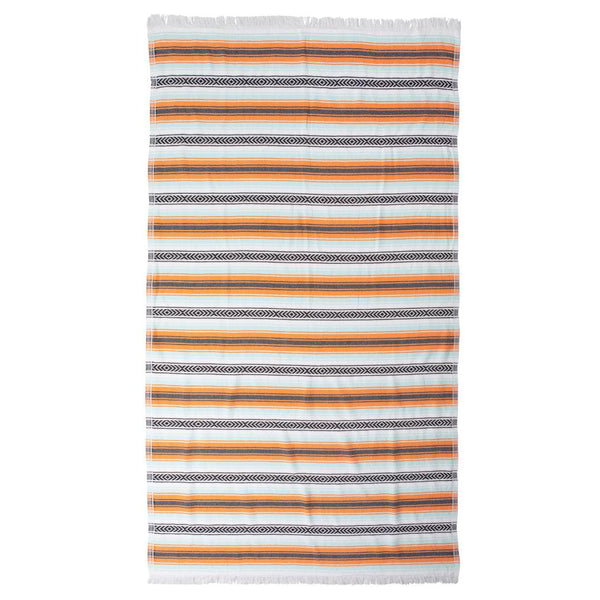 Image of Playa hammam towel, flat, on a white background. Hammam towel is orange, aqua and black stripes on a white background, with white fringing at each end. From Sand and Salt.
