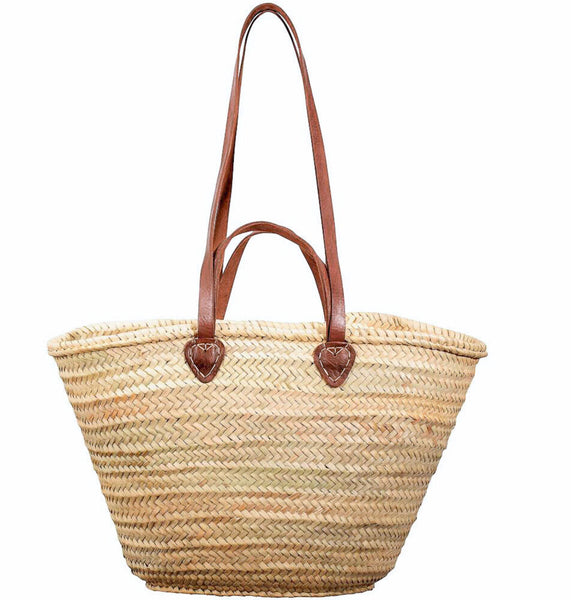 Straw beach basket bag with chestnut brown leather long and short handles.