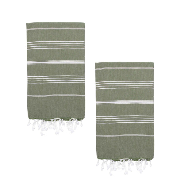 Two olive green towels with white stripes and tassels on a white background.