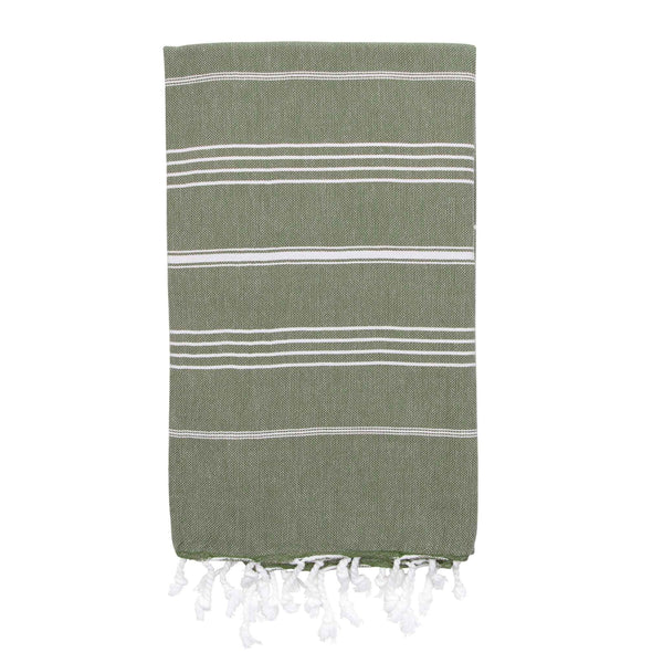 Olive green hammam towel with fine white stripes and white knotted tassels at each end.