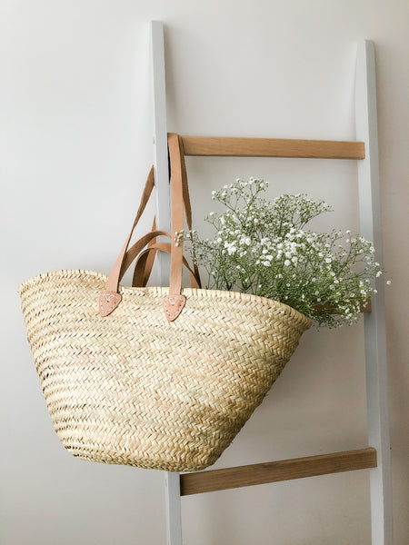 Long Leather Handle Straw Basket - Natural