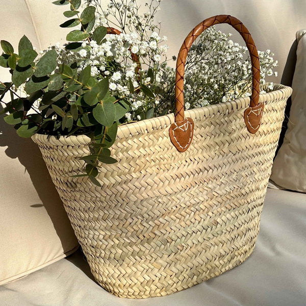 Woven Handle Moroccan Straw Basket Bag - Chestnut
