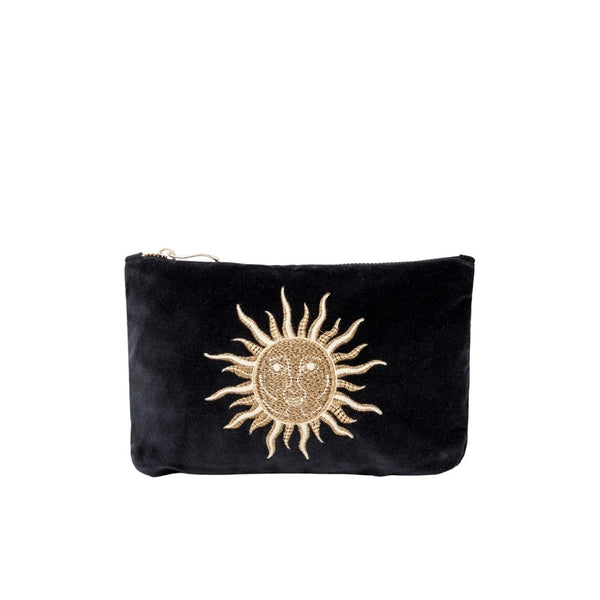 Black velvet mini pouch with gold sun design on a white background.