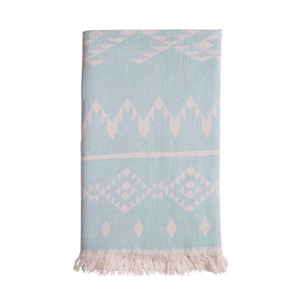 Pale aqua green Belize hammam towel in sustainable organic cotton, lightweight, compact and ideal for travel and beach use.