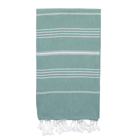 Aqua green hammam towel with fine white stripes and white knotted fringing at both ends.