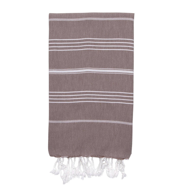 Brown hammam towel - a flat woven brown towel with fine white stripes and knotted fringes at each end.