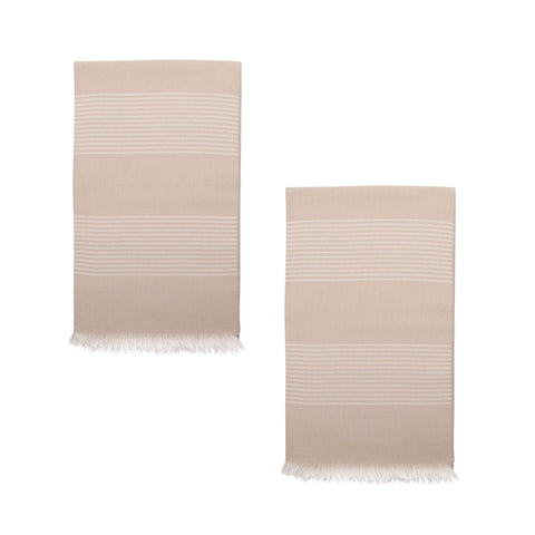 Two beige hammam towels with fine white stripes on a white background.