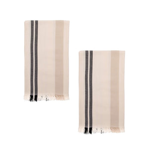Set of two hammam towels, cream with wide beige and narrow black stripes on a white background.