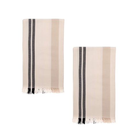 Set of two hammam towels, cream with wide beige and narrow black stripes on a white background.