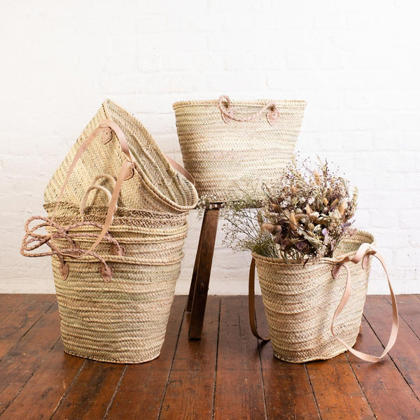 Long Leather Handle Straw Basket - Natural