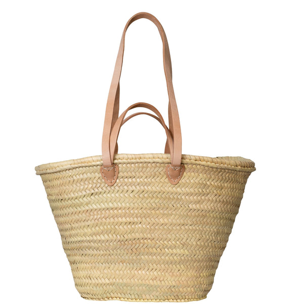 Artisan made Moroccan beach basket bag - an authentic moroccan straw basket bag with long and short natural leather handles.