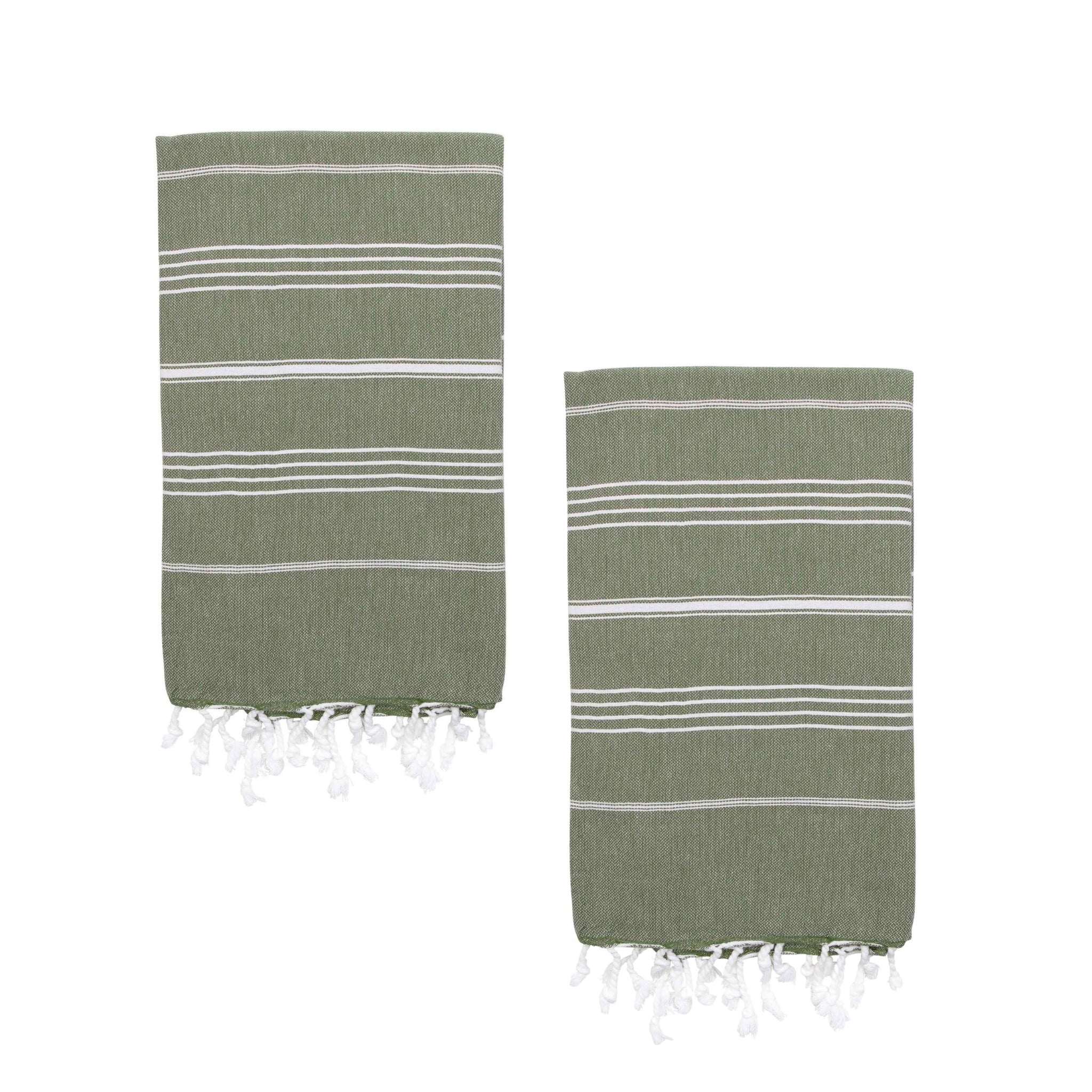 Two olive green towels with white stripes and tassels on a white background.
