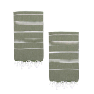 Two olive green towels with white stripes and tassels on a white background.