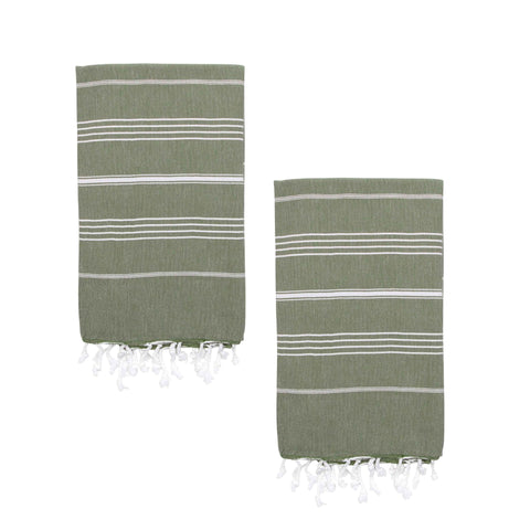 Two olive green towels with white stripes and tassels on a white background.