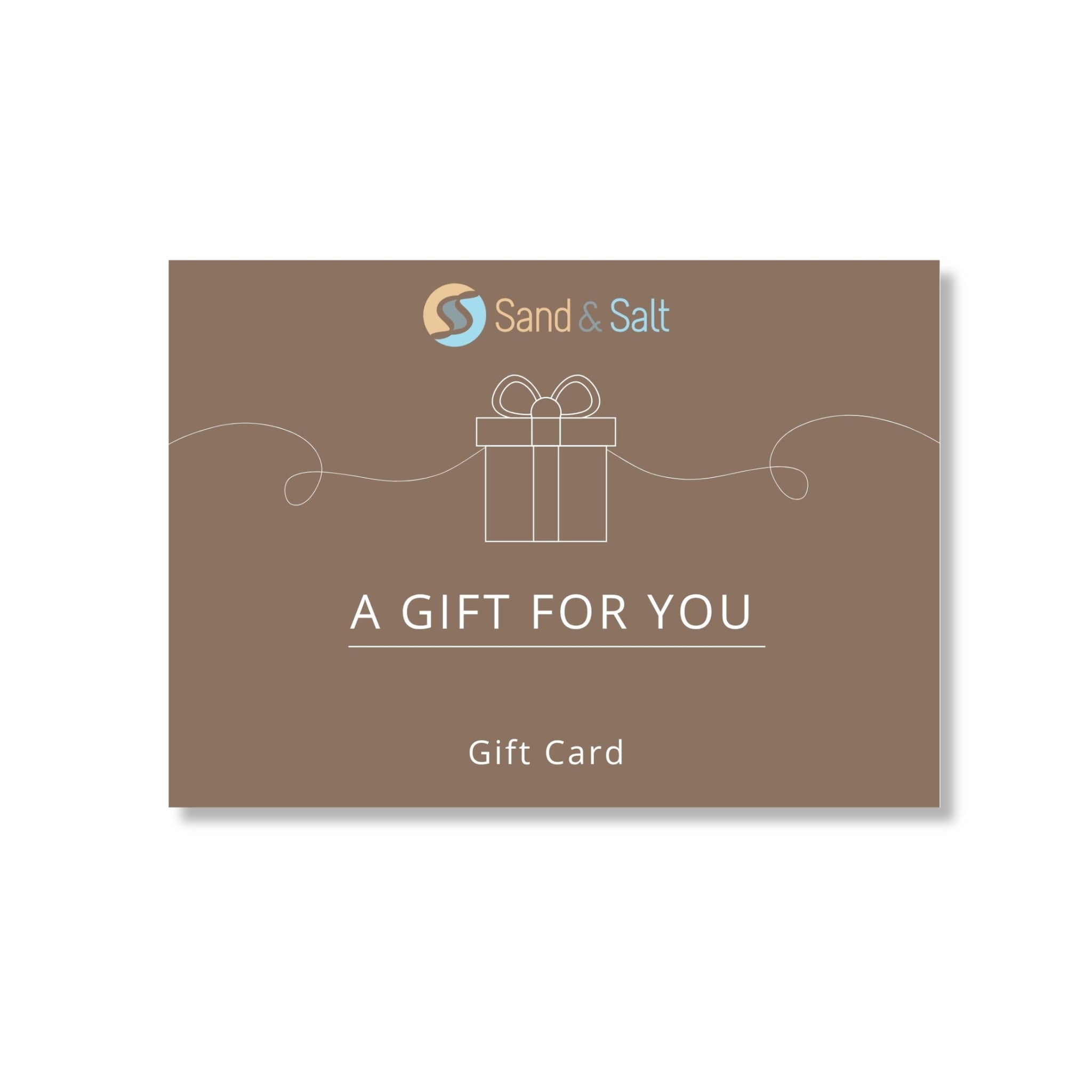 Gift card with 'Sand & Salt' logo and text on a brown background