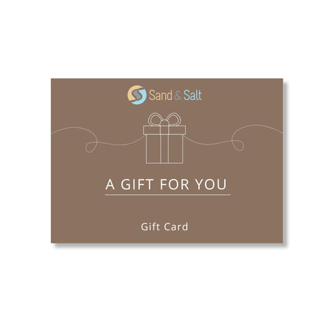 Gift card with 'Sand & Salt' logo and text on a brown background
