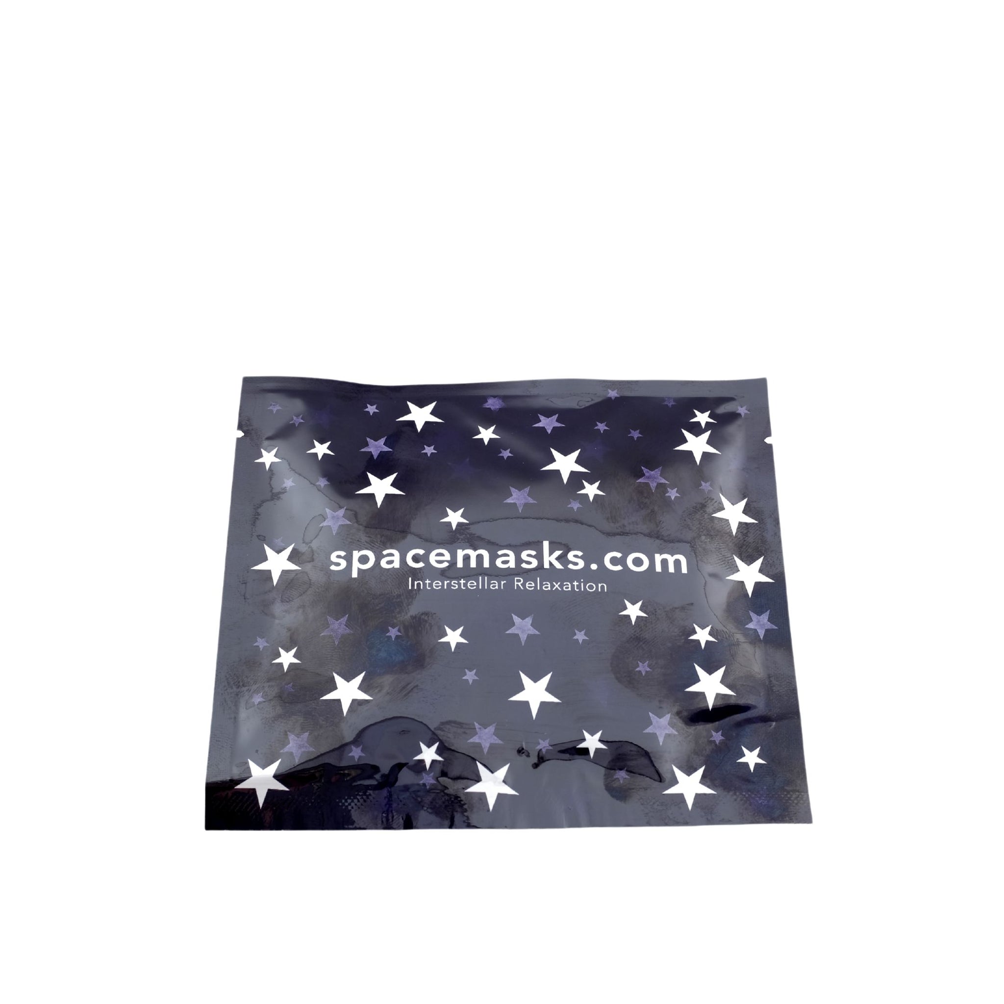 A navy blue Spacemask envelope with a star pattern and the text 'SpaceMasks.com - Intergalactic Relaxation' on it.