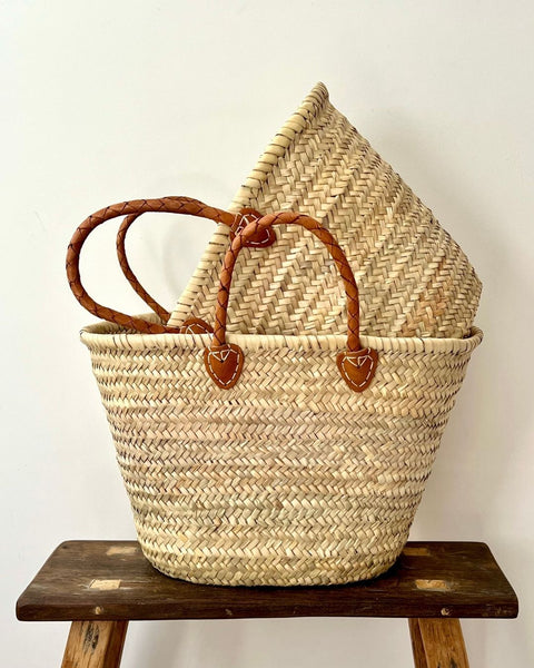 Woven Handle Moroccan Straw Basket Bag - Chestnut