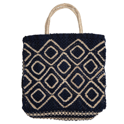 The Jacksons Ingrid jute tote bag - Large size 44cm x 42cm - indigo blue with Natural in a diamond design with natural jute handles.