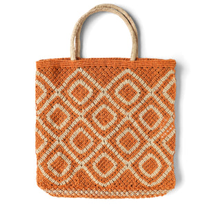 The Jacksons Ingrid jute tote bag - Large size 44cm x 42cm - Orange with Natural in a diamond design with natural jute handles.