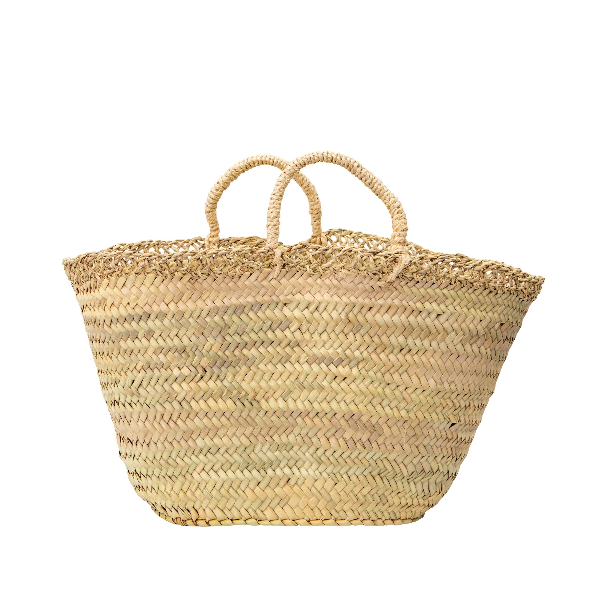The gorgeous lattice detailing gives this basket a little something special. Handmade in Morocco, this straw basket has short handles and a woven lattice around the top. Handwoven by Moroccan artisans from palm leaves, this beautiful basket is perfect for holidays, days out or as gorgeous rustic storage for your home.