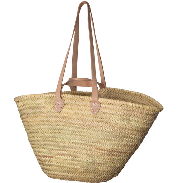 best beach basket bag in the uk - an authentic moroccan straw basket bag with long and short natural leather handles.