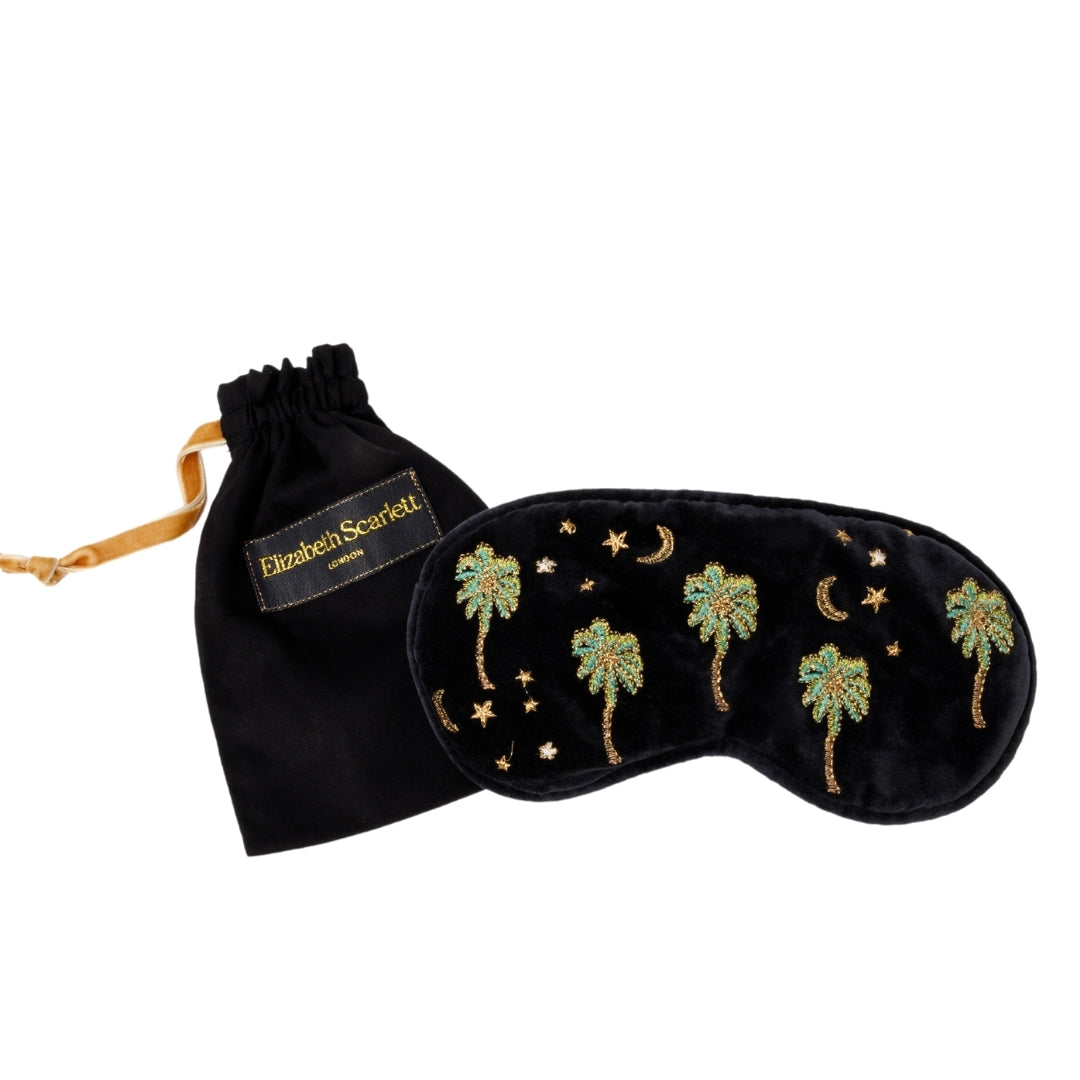 Elizabeth Scarlett Midnight Palm Velvet Eye Mask in Charcoal, with palm trees and stars design.