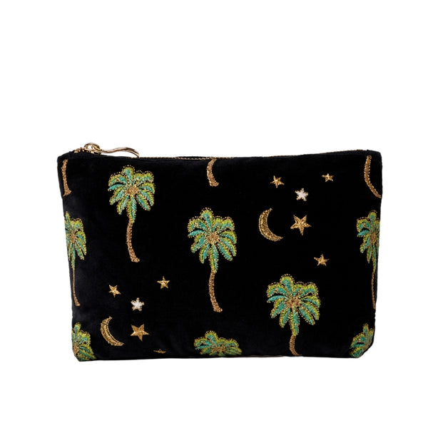 Elizabeth Scarlett Midnight Palm Velvet Everyday Pouch in Charcoal with palm trees and stars design