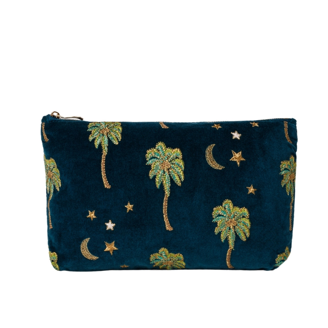 Elizabeth Scarlett Midnight Palm Velvet Everyday Pouch in Teal with palm trees and stars design