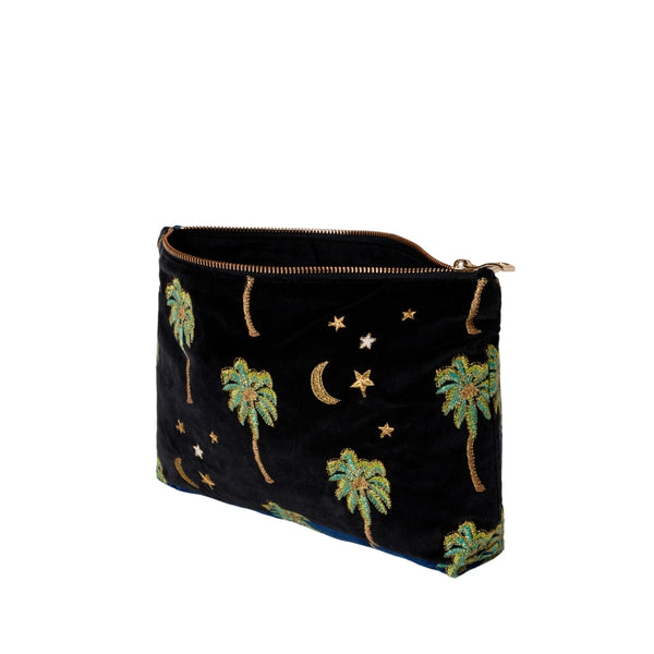 Side view of Elizabeth Scarlett Midnight Palm Velvet Everyday Pouch in Charcoal with palm trees and stars design