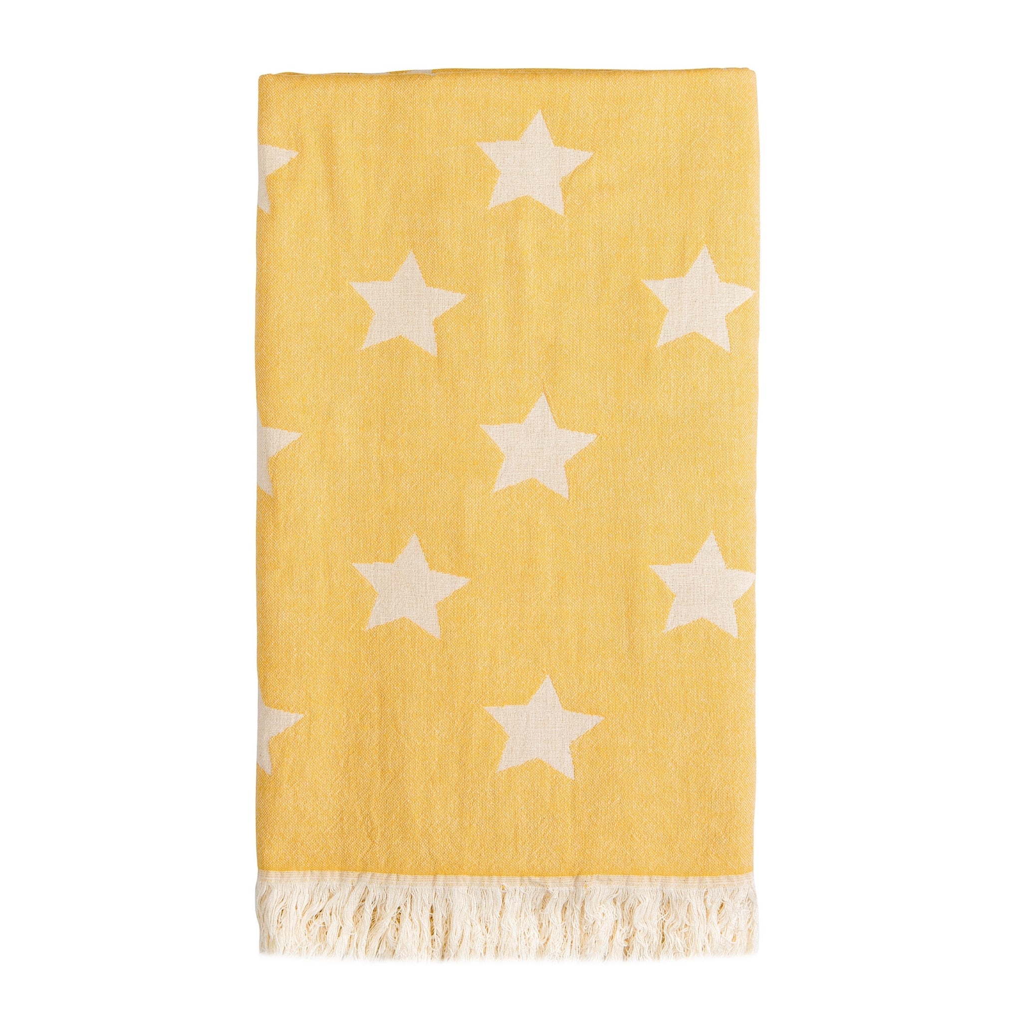 100% cotton hammam towel, in a sunny yellow with white stars design. Fringing at both ends.